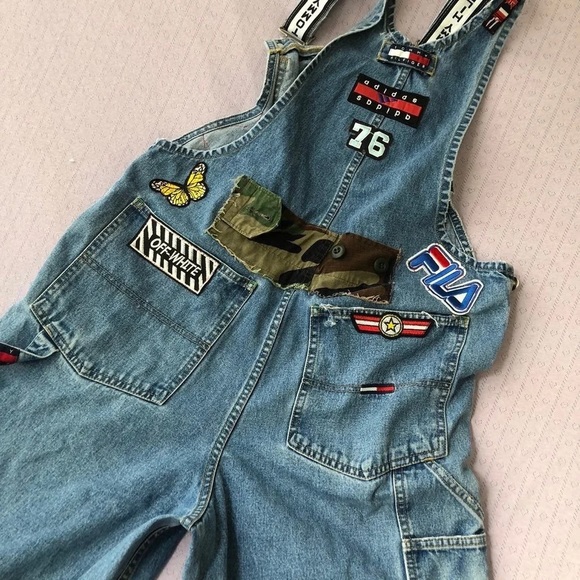 Tommy Jean Overalls 90s Vintage Rework Hilfiger Convertible Spell Out Patches S - Picture 7 of 12